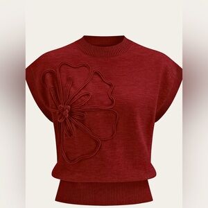 Commense Elegant flower outline Red Knit Top